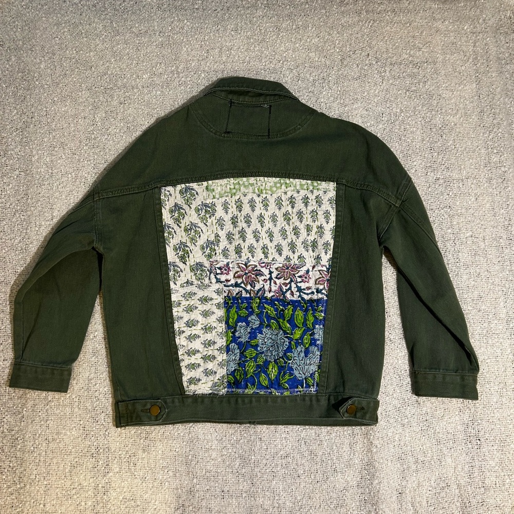 Erin Made Unique Green Denim Jacket with Patchwork Back Size M